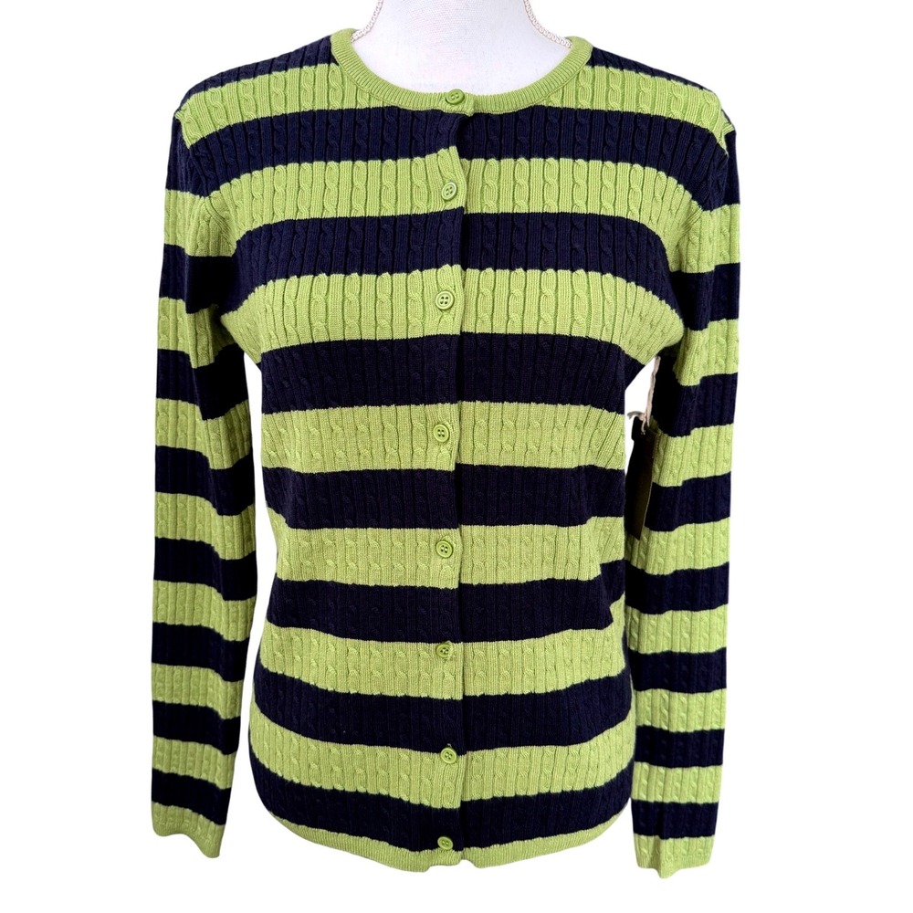 Seventh & Sunset Stripe Cardigan Sweater Navy Blue Green Women Large NWT